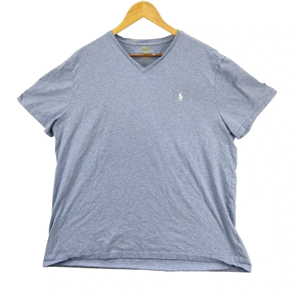 Polo Ralph Lauren V Neck T Shirt Mens XL Light Blue Stretch Cotton Preppy
